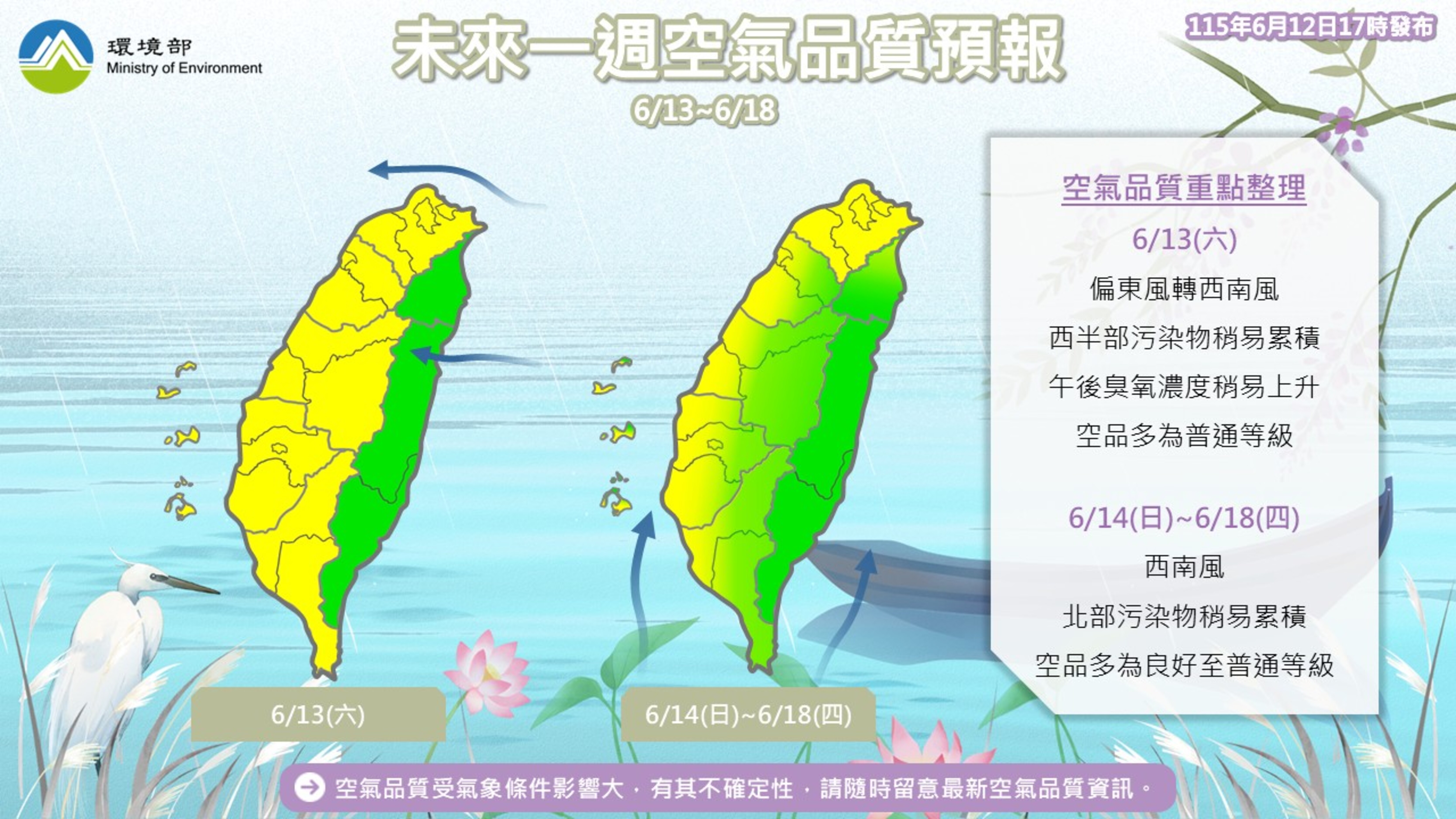 115年6月13日至6月18日空氣品質預報
